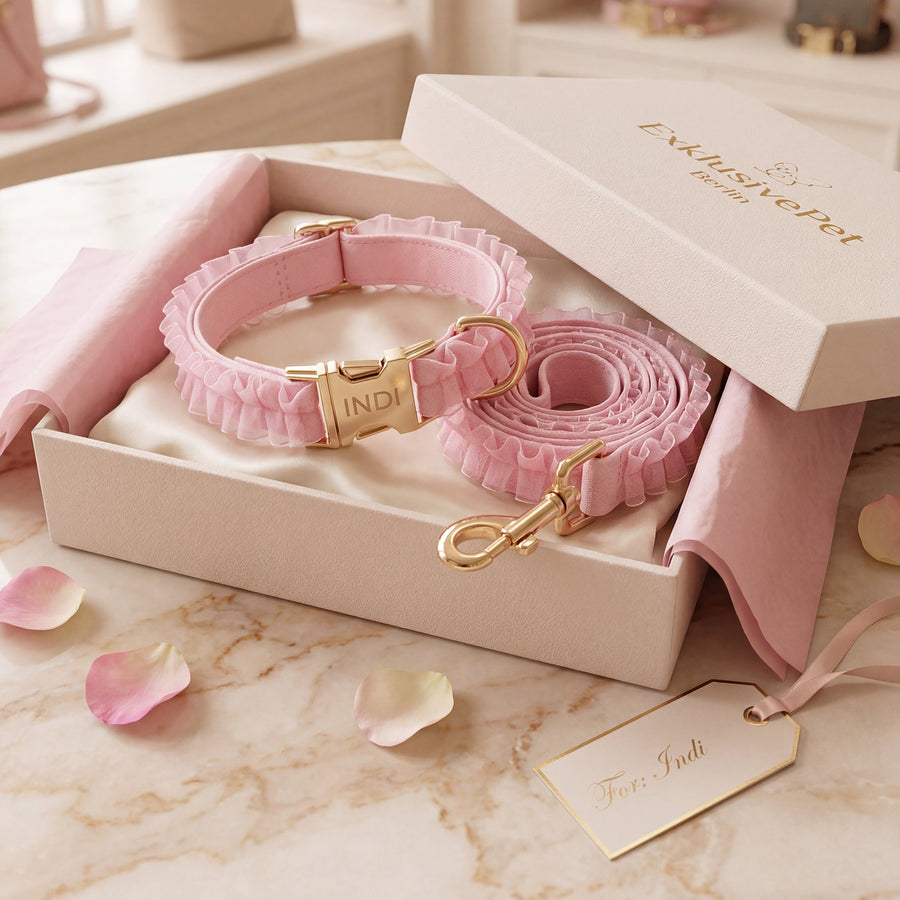 Personalisierbares Luxus Hundehalsband + Leine Set Rosa Rüschen mit Namensgravur | ExklusivePet