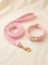 Personalisierbares Luxus Hundehalsband + Leine Set Rosa Rüschen mit Namensgravur | ExklusivePet